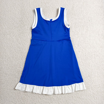 GSD4141 Baby Girls Hot Blue White Back Zip Yoga Active Short Ruffle Knee Length Dress