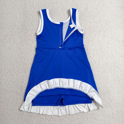 GSD4141 Baby Girls Hot Blue White Back Zip Yoga Active Short Ruffle Knee Length Dress