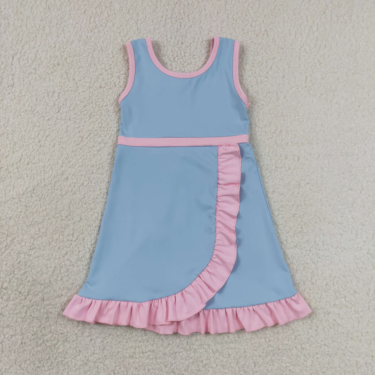GSD4144 Baby Girls Blue Pink Back Zip Yoga Active Short Ruffle Knee Length Dress