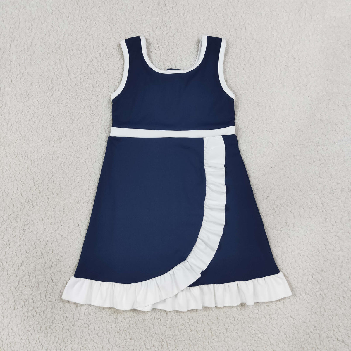 GSD4145 Baby Girls Navy White Back Zip Yoga Active Short Ruffle Knee Length Dress
