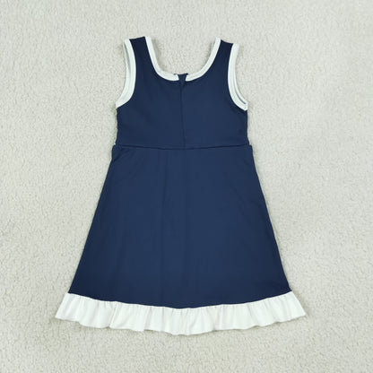 GSD4145 Baby Girls Navy White Back Zip Yoga Active Short Ruffle Knee Length Dress