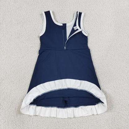 GSD4145 Baby Girls Navy White Back Zip Yoga Active Short Ruffle Knee Length Dress