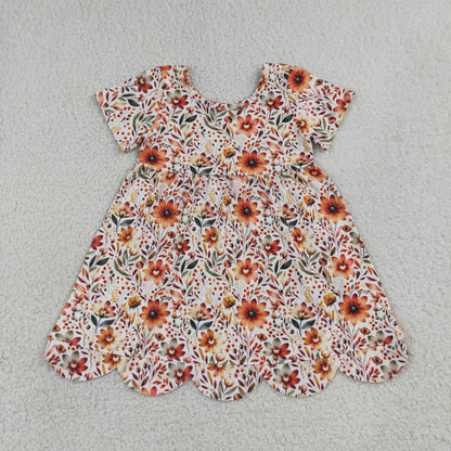 Sibling Baby Girls Short Sleeve Apple Flowers Back to School Scallop Knee Length Dresses