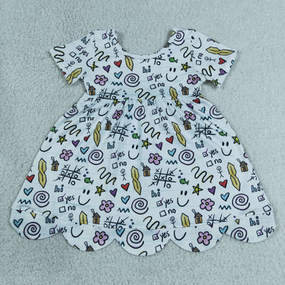 Sibling Baby Girls Short Sleeve Apple Flowers Back to School Scallop Knee Length Dresses