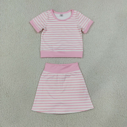 Sibling Baby Girls Pink Blue Stripe Short Sleeve Shirts Skirt Short Yoga Active Clothes Sets