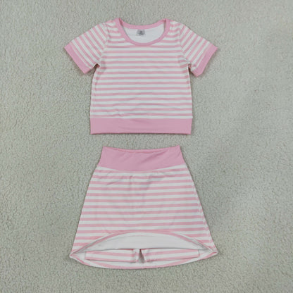 Sibling Baby Girls Pink Blue Stripe Short Sleeve Shirts Skirt Short Yoga Active Clothes Sets