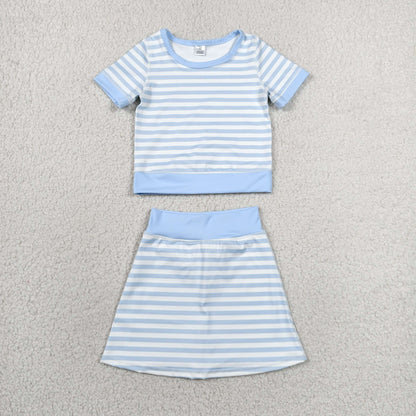 Sibling Baby Girls Pink Blue Stripe Short Sleeve Shirts Skirt Short Yoga Active Clothes Sets