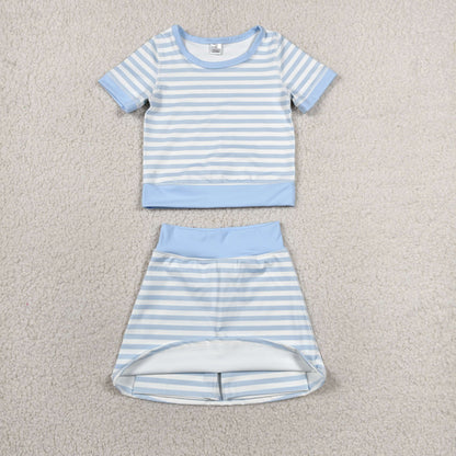 Sibling Baby Girls Pink Blue Stripe Short Sleeve Shirts Skirt Short Yoga Active Clothes Sets