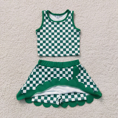 Sibling Baby Girls Colorful Checked Vests Scallop Skirt Short Yoga Active Clothes Sets