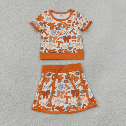 Sibling Baby Girls Short Sleeve Bows Footballs Top Skirt Shorts Team Clothes Sets