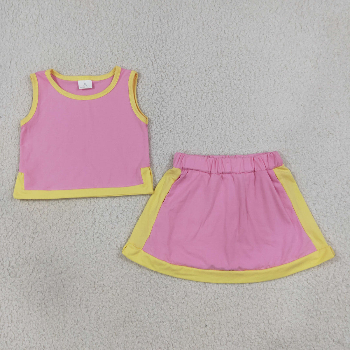 GSD4187 Baby Girls Pink Yellow Short Sleeve Shirt Top Bow Skirt Short Clothes Set