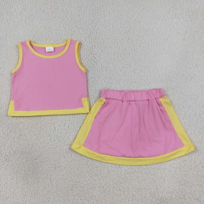 GSD4187 Baby Girls Pink Yellow Short Sleeve Shirt Top Bow Skirt Short Clothes Set