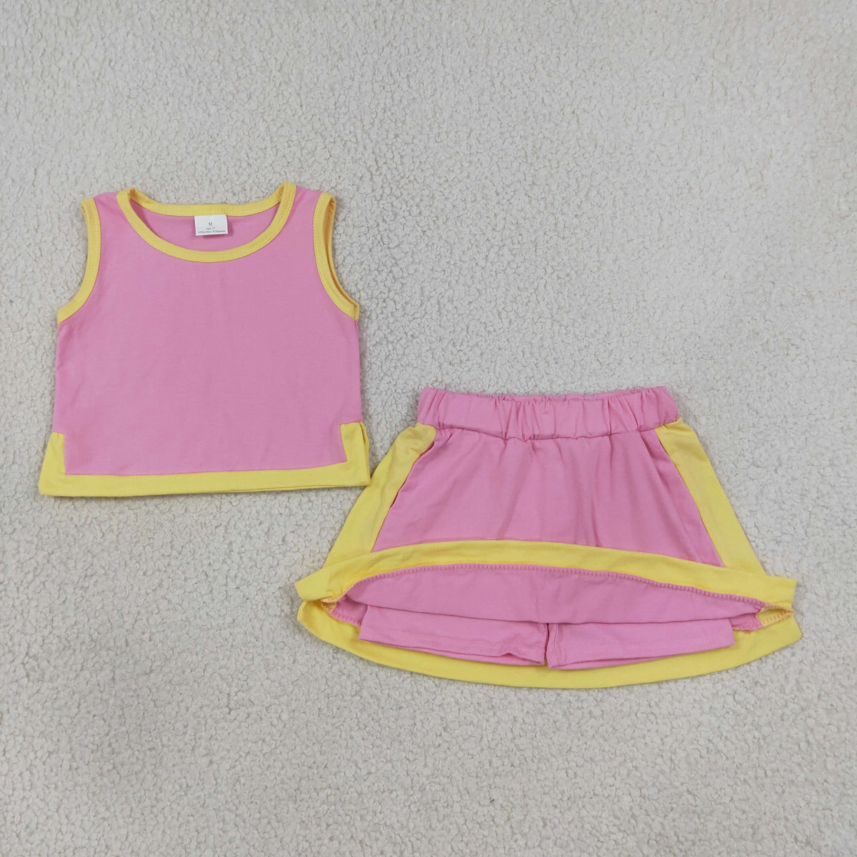 GSD4187 Baby Girls Pink Yellow Short Sleeve Shirt Top Bow Skirt Short Clothes Set