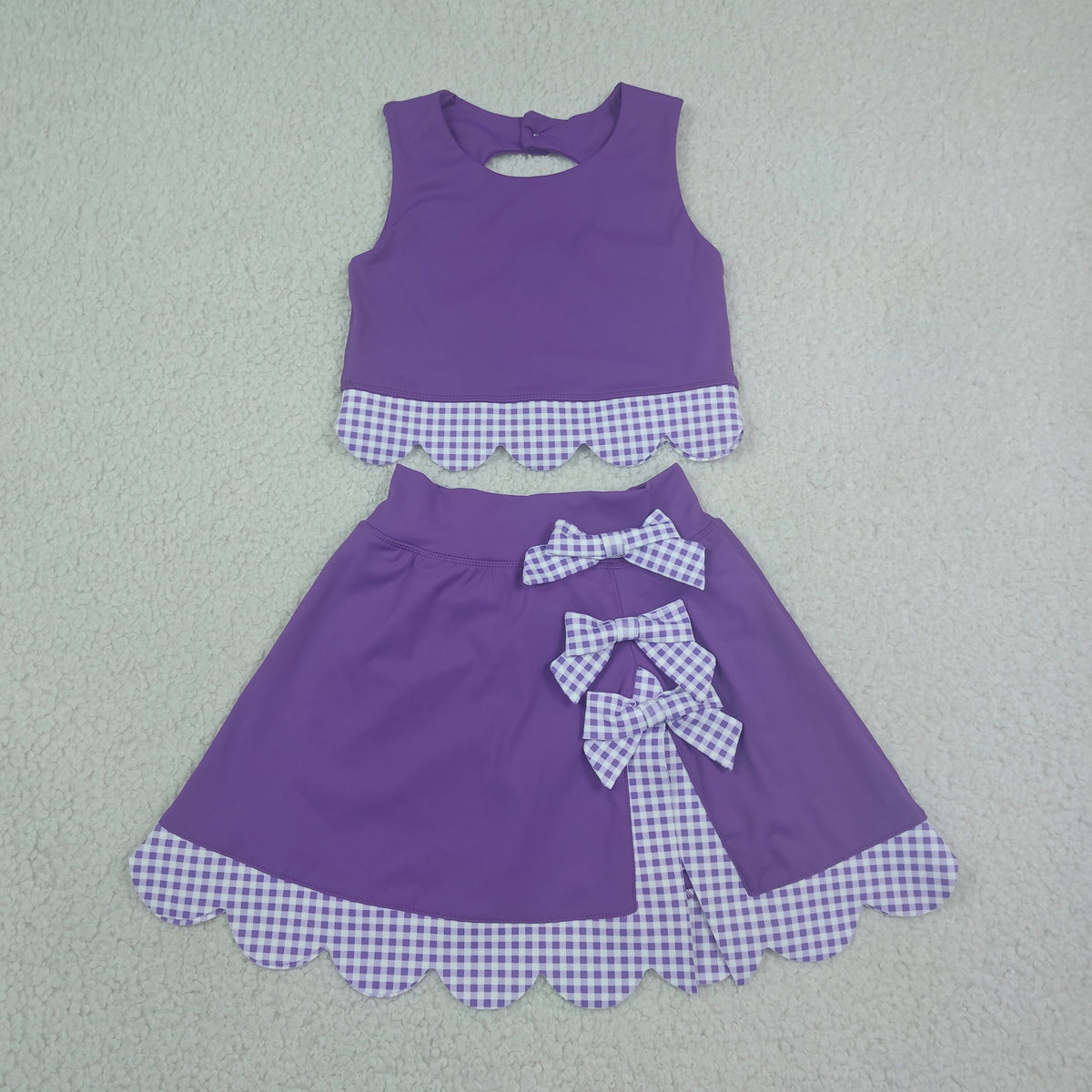 GSD4225 Baby Girls Purple Checked Vests Bows Skirt Short Yoga Active Scallop Clothes Set