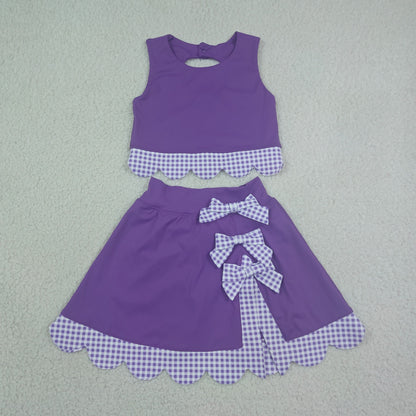 GSD4225 Baby Girls Purple Checked Vests Bows Skirt Short Yoga Active Scallop Clothes Set