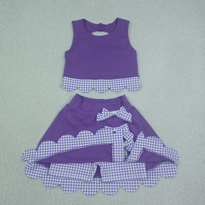 GSD4225 Baby Girls Purple Checked Vests Bows Skirt Short Yoga Active Scallop Clothes Set