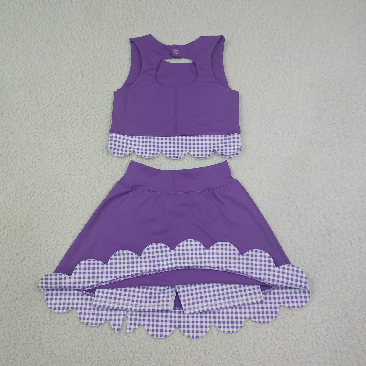 GSD4225 Baby Girls Purple Checked Vests Bows Skirt Short Yoga Active Scallop Clothes Set