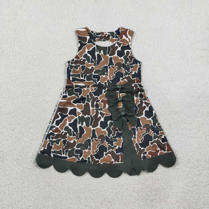 GSD4229 Baby Girls Dark Brown Camo Yoga Active Short Bows Scallop Knee Length Dress