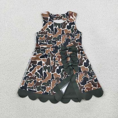 GSD4229 Baby Girls Dark Brown Camo Yoga Active Short Bows Scallop Knee Length Dress