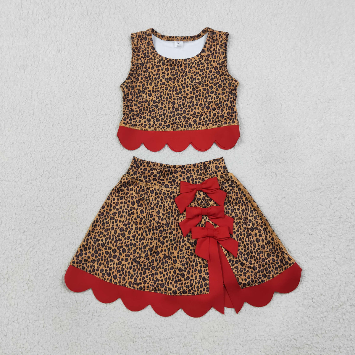 GSD4234 Baby Girls Leopard Red Vests Bows Skirt Short Yoga Active Scallop Clothes Set