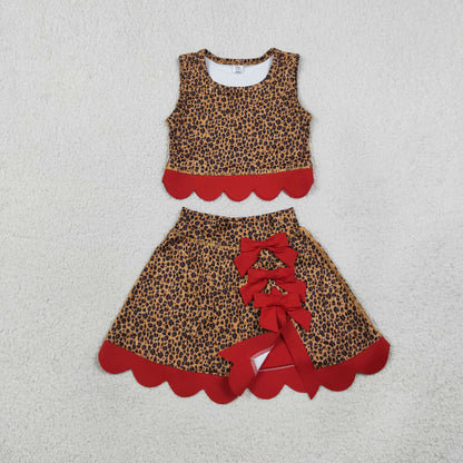 GSD4234 Baby Girls Leopard Red Vests Bows Skirt Short Yoga Active Scallop Clothes Set