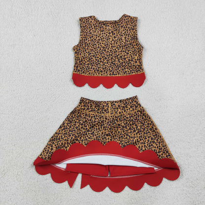 GSD4234 Baby Girls Leopard Red Vests Bows Skirt Short Yoga Active Scallop Clothes Set