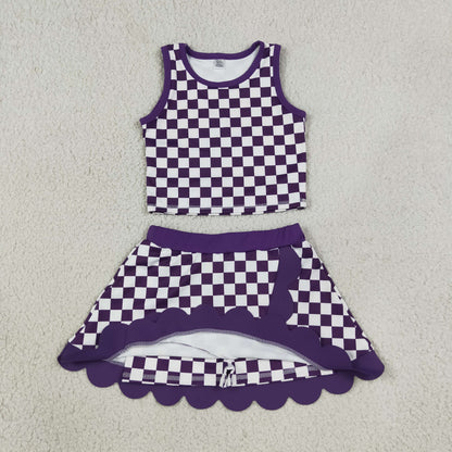 Sibling Baby Girls Colorful Checked Vests Scallop Skirt Short Yoga Active Clothes Sets