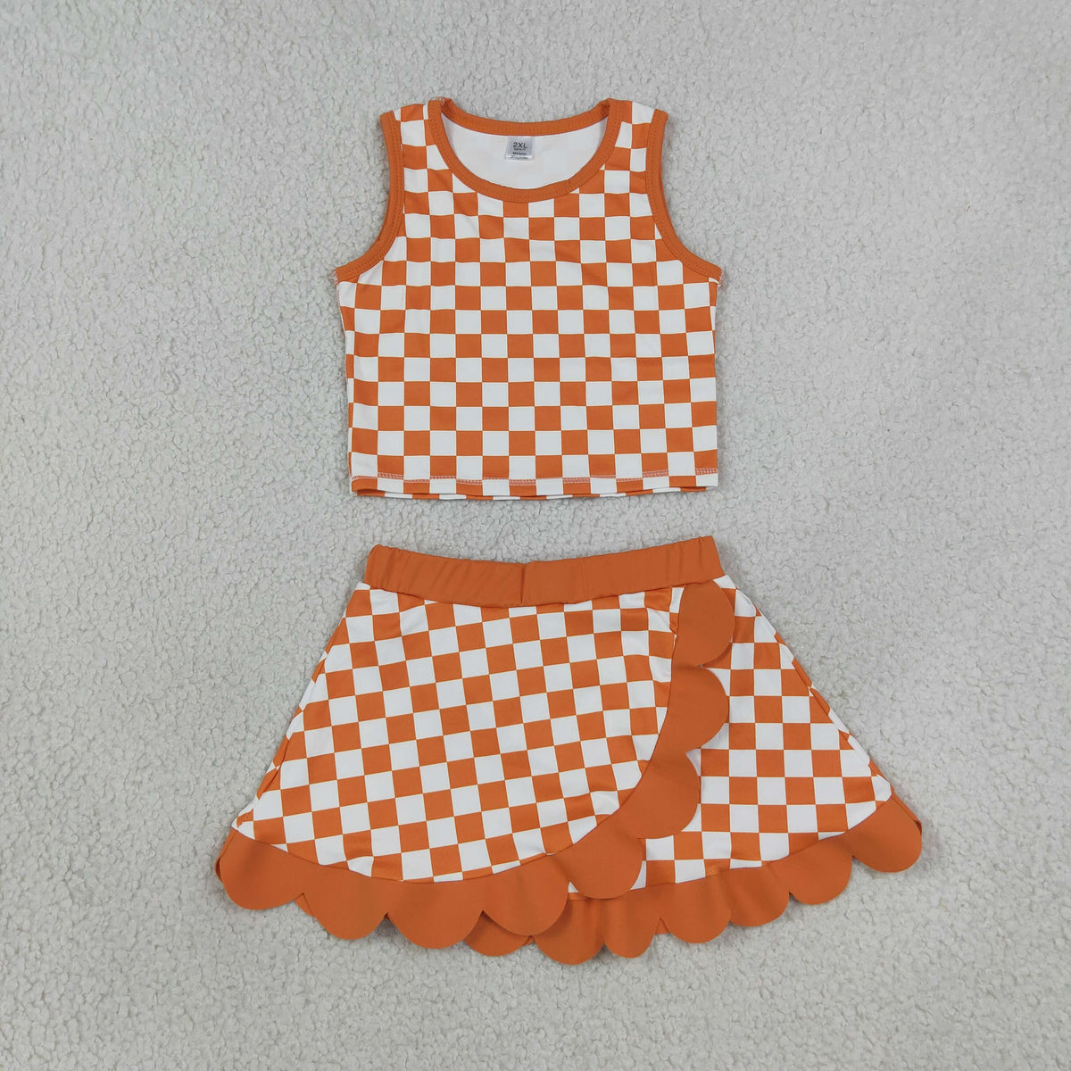 GSD4252 Baby Girls Orange Checked Sleeveless Vests Skirt Short Yoga Active Scallop Clothes Set