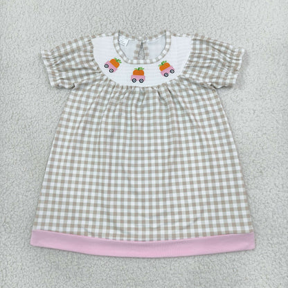 Sibling Baby Girls Smocked Pumpkin Trucks Khaki Checked Dress Rompers