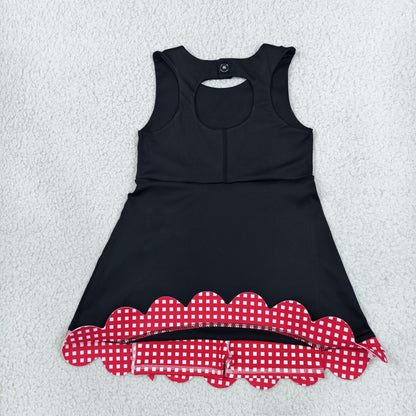 GSD4263 Baby Girls Black Red Checked Yoga Active Short Bows Scallop Knee Length Dress