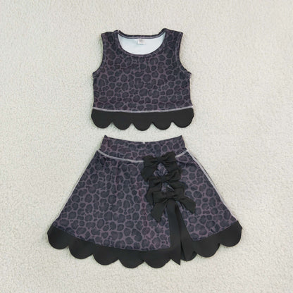GSD4268 Baby Girls Black Leopard Vests Bows Skirt Short Yoga Active Scallop Clothes Set