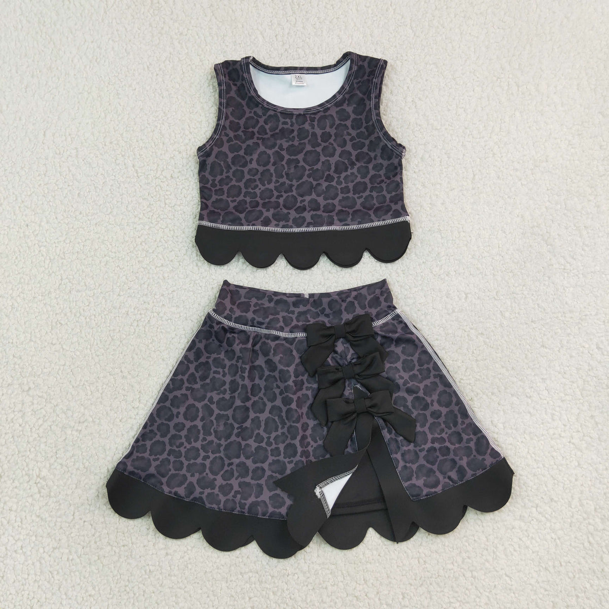 GSD4268 Baby Girls Black Leopard Vests Bows Skirt Short Yoga Active Scallop Clothes Set