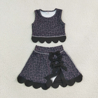 GSD4268 Baby Girls Black Leopard Vests Bows Skirt Short Yoga Active Scallop Clothes Set