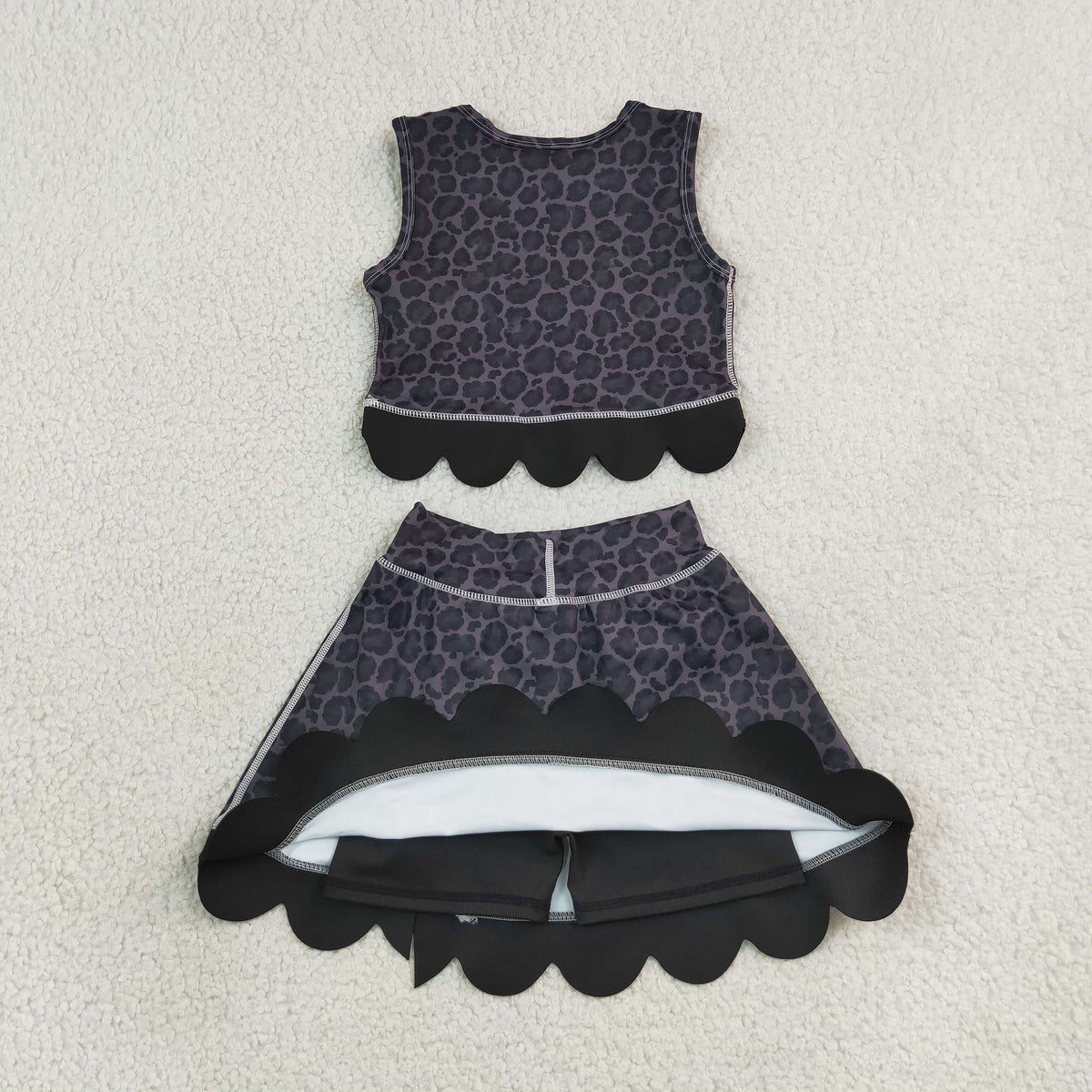 GSD4268 Baby Girls Black Leopard Vests Bows Skirt Short Yoga Active Scallop Clothes Set