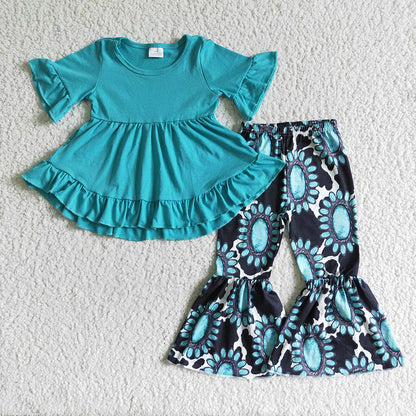 Sibling Baby Girls Aqua Ruffle Tunic Turquoises Bell Bottom Western Clothes Set Strap Jumpsuits