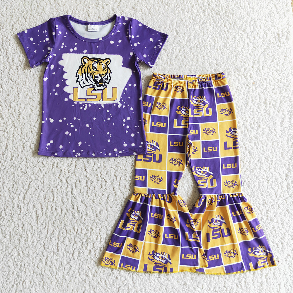 Sibling Mama and Me Kids Bows LSU Tigers Team Clothes Sets Polo Shirt Yoga Active Butterfly Shorts