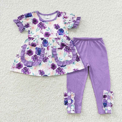 Sibling Baby Girls Bows Flowers Tunic Leggings Pant Ruffle Sleeves Clothes Sets