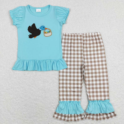 Sibling Baby Boys Girls Embroidery Ducks Eggs Top Pants Easter Clothes Sets
