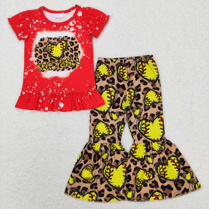 Sibling Baby Girls Short Sleeve Baseballs Footballs Top Bell Bottom Pants Team Clothes Sets