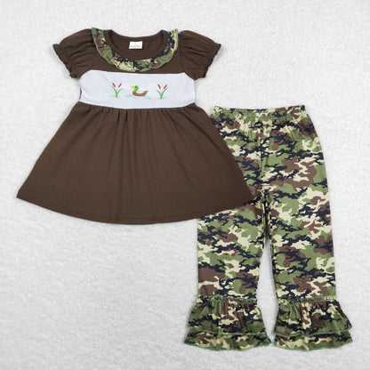 Sibling Baby Girls Embroidery Ducks Deer Camo Tunic Ruffle Pants Hunting Clothes Sets