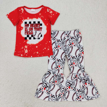 Sibling Baby Girls Short Sleeve Baseballs Footballs Top Bell Bottom Pants Team Clothes Sets