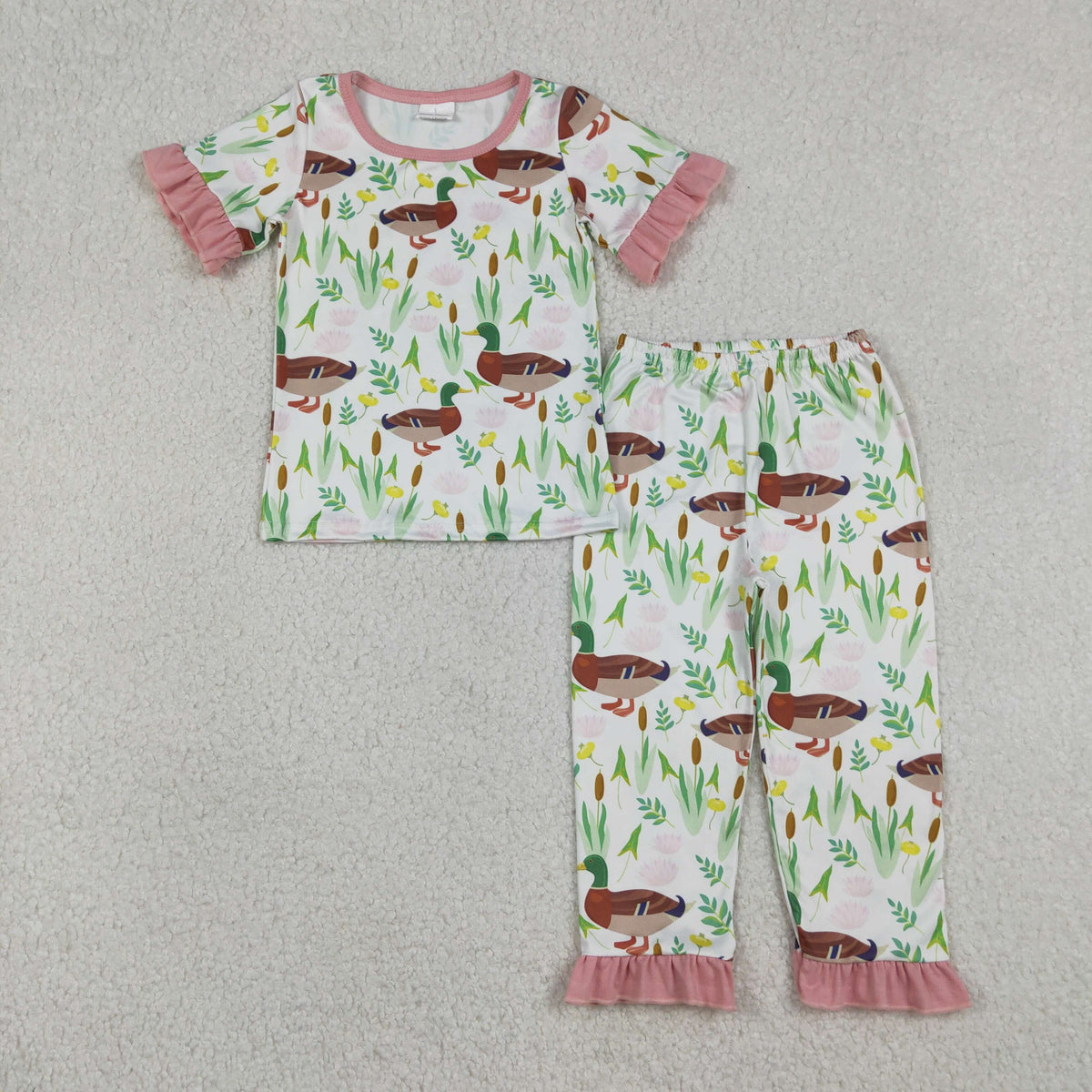 GSPO1252 Baby Girls Flowers Ducks Top Ruffle Pants Hunting Pajamas Set