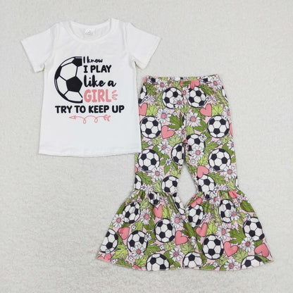 Sibling Baby Girls Short Sleeve Baseballs Footballs Top Bell Bottom Pants Team Clothes Sets