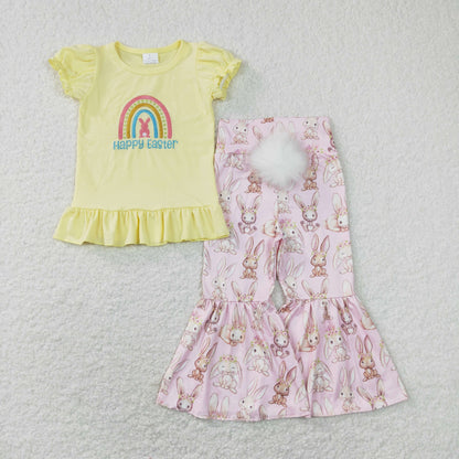 Sibling Baby Kids Embroidery Rabbits Eggs Jesus Top Pants Easter Clothes Set