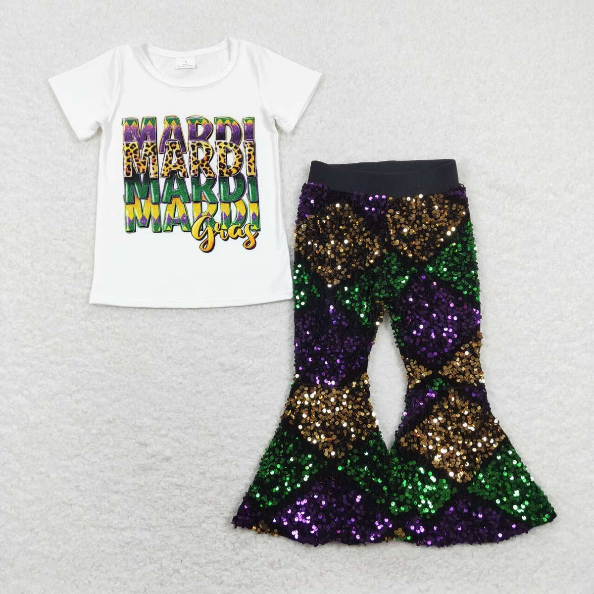 Sibling Baby Girls Mardigras Top Sequin Checked Bell Bottom Pants Clothes Sets