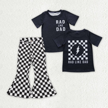 Sibling Baby Girls Rad Like Dad Back Print Top Checked Bell Bottom Denim Pants Clothes Sets