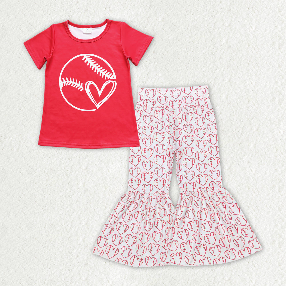 Sibling Baby Girls Short Sleeve Baseballs Footballs Top Bell Bottom Pants Team Clothes Sets
