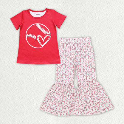 Sibling Baby Girls Short Sleeve Baseballs Footballs Top Bell Bottom Pants Team Clothes Sets