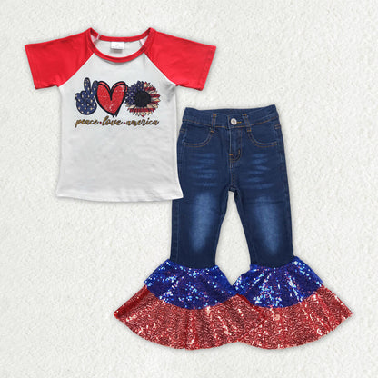 Sibling Baby Girls America Babe Smile Top Denim Bell Bottom Pant 4th of July Clothes Sets