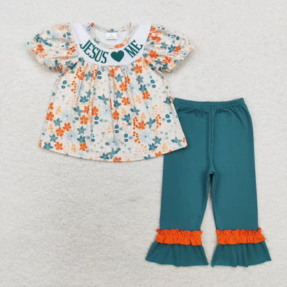 Sibling Baby Kids Embroidery Rabbits Eggs Jesus Top Pants Easter Clothes Set